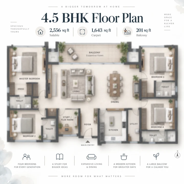 Abhee City Urban Glenn 4.5 BHK floor plan, 2,556 sq ft salable and 1,643 sq ft carpet